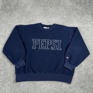 VTG Pepsi Sweatshirt Mens L Navy Blue Fleece Crewneck Spell Out Logo Pullover